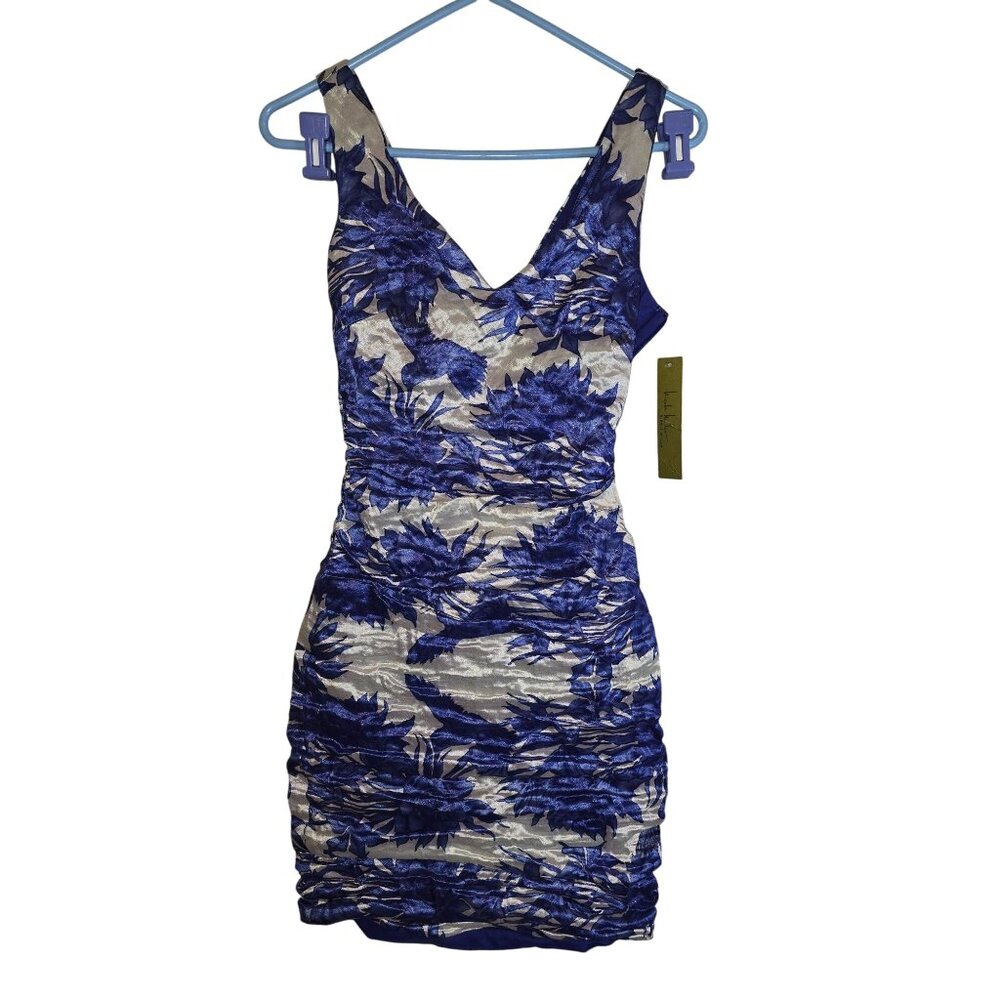 NWT Nicole Miller Gold Label Blue Cream Floral Ruched‎ Cocktail Dress $455
